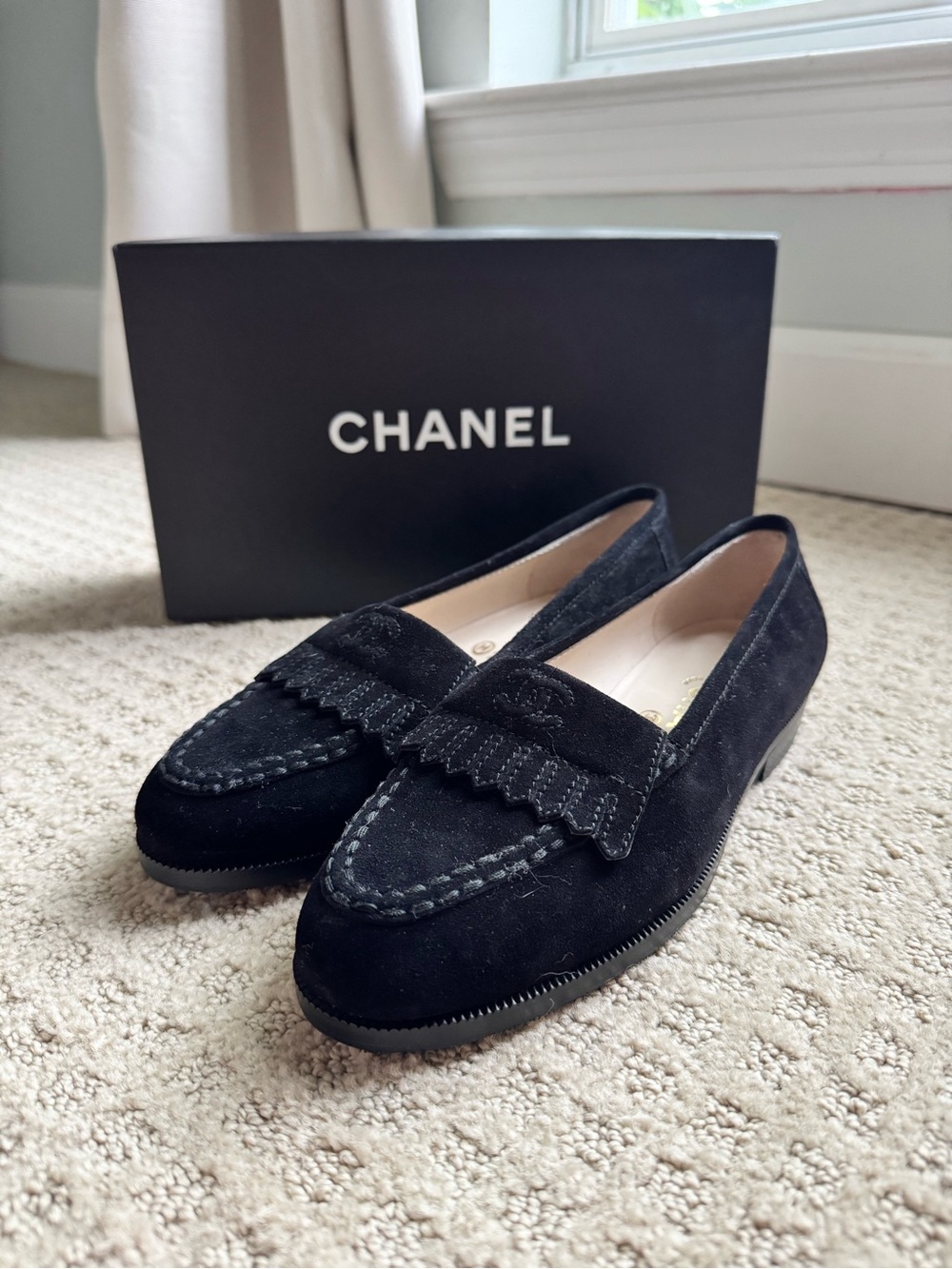 CHANEL Black Suede Penny Loafers - Picture 2 of 6